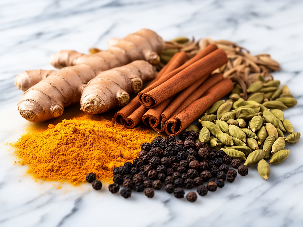 Estetska kompozicija prirodnih sastojaka — kurkuma, djumbir, cimet, crni biber i kardamom — rasuti na mramornoj podlozi, blizak plan sa bogatim bojama