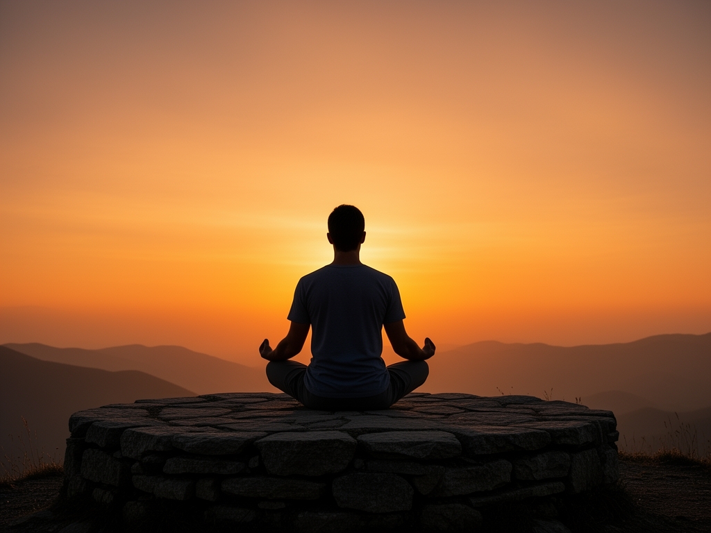 Silueta coveka u meditativnoj pozi na kamenom platou planine pri zalasku sunca, nebo u narandzastim tonovima, osecaj mira i unutrasnjeg balansa