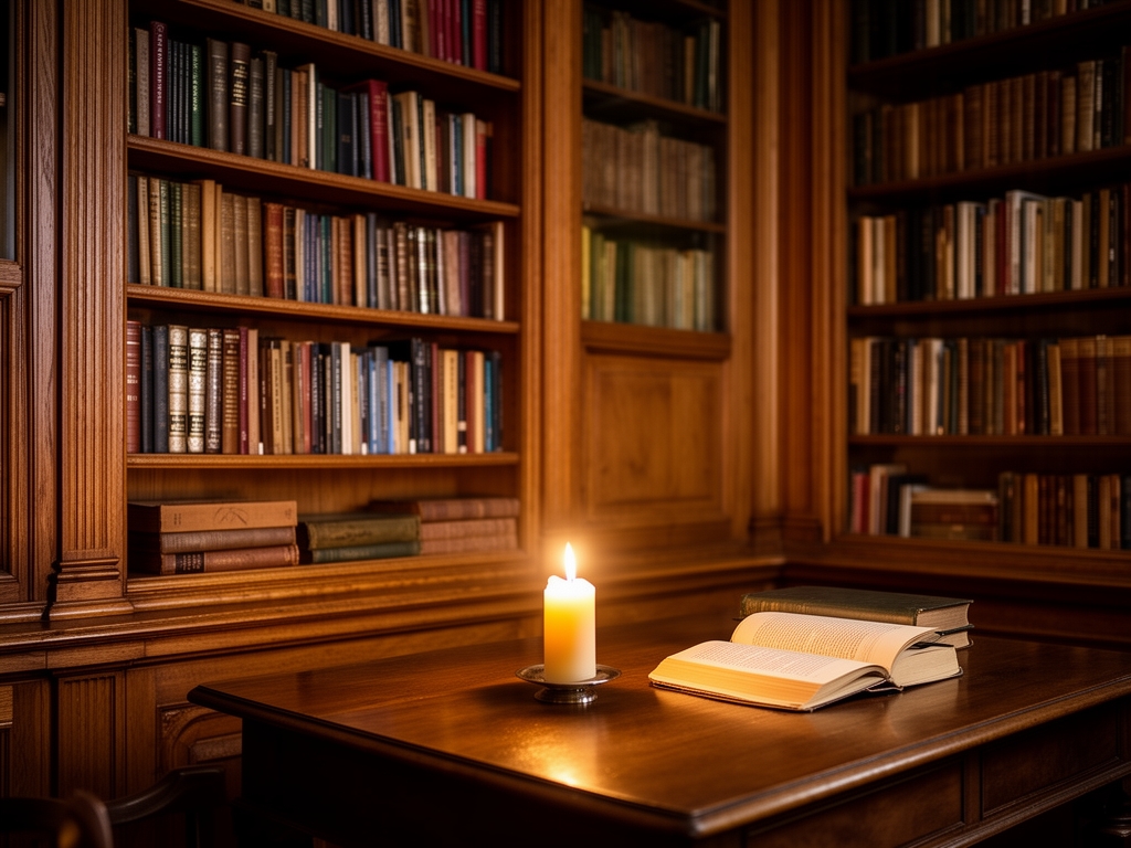 Elegantna biblioteka sa drvenim policama punim knjiga, toplo osvetljenje sveca, atmosfera intelektualnog istrazivanja i mirnog ucenja