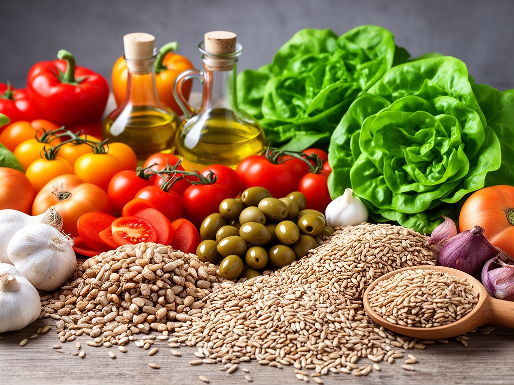 Bogato postavljeni sto sa raznobojnim povrcem, orascidima, maslinovim uljem, zelenim salatama i celim zitaricama, zdrava mediteranska ishrana