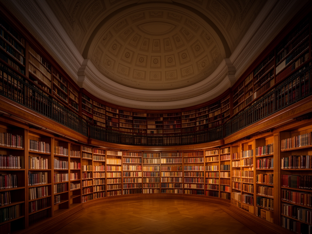 Starinska biblioteka sa polukruznim svodom, visoke police pune knjiga u toplim tonovima, tiha atmosfera ucenja i istrazivanja u noci