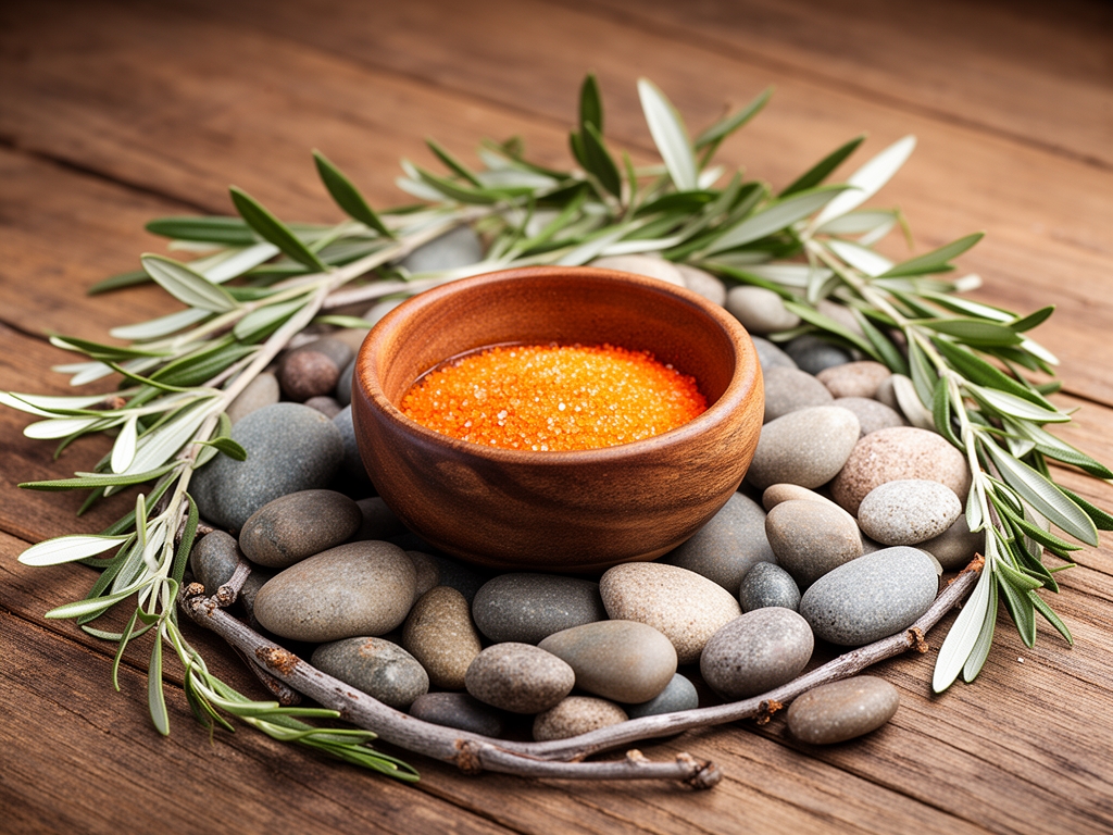 Ruke koje drzе toplu soljicu caja okruzene prirodnim kamenjem i biljnim grancicama na drvenom stolu, simbolizuju mir i upravljanje stresom